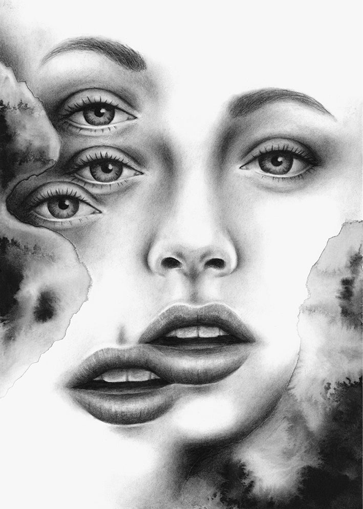 Surrealistic pencil drawing of the female body by Rakel Tomas 