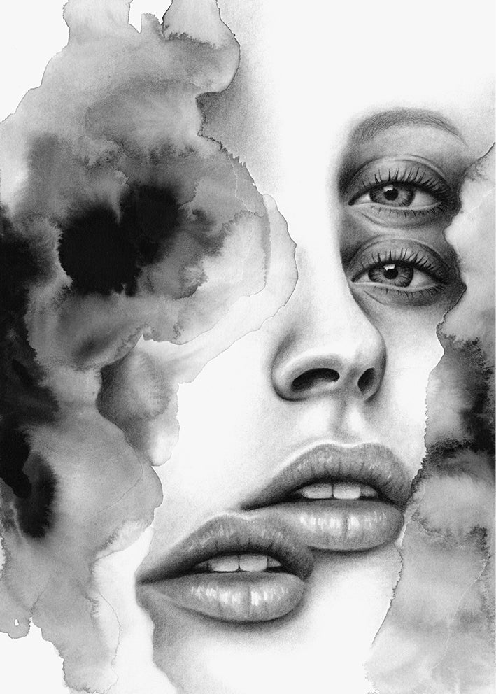 Surrealistic pencil drawing of the female body by Rakel Tomas 