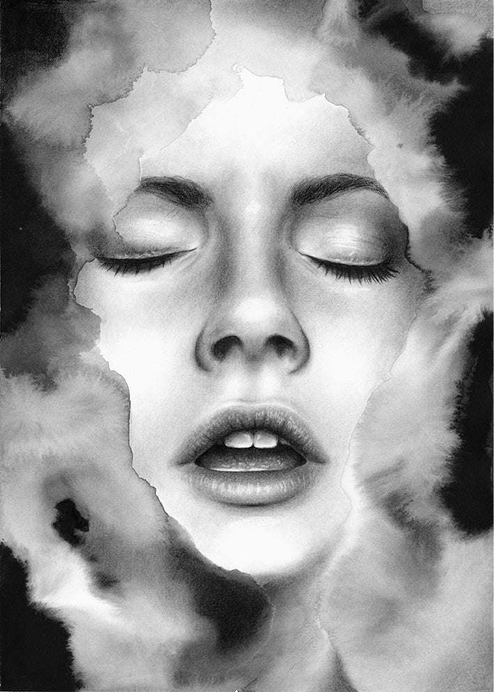 Surrealistic pencil drawing of the female body by Rakel Tomas 