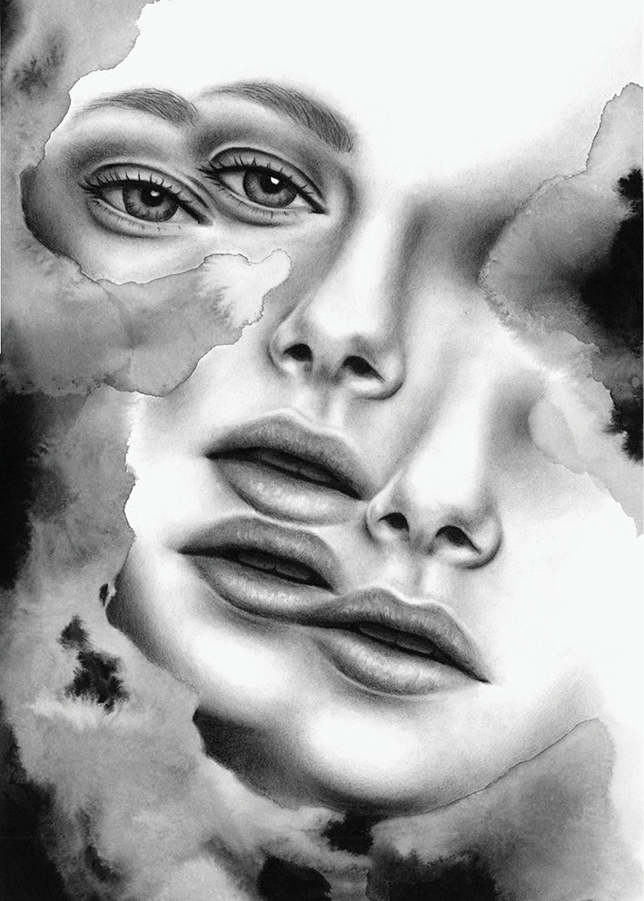 Surrealistic pencil drawing of the female body by Rakel Tomas 