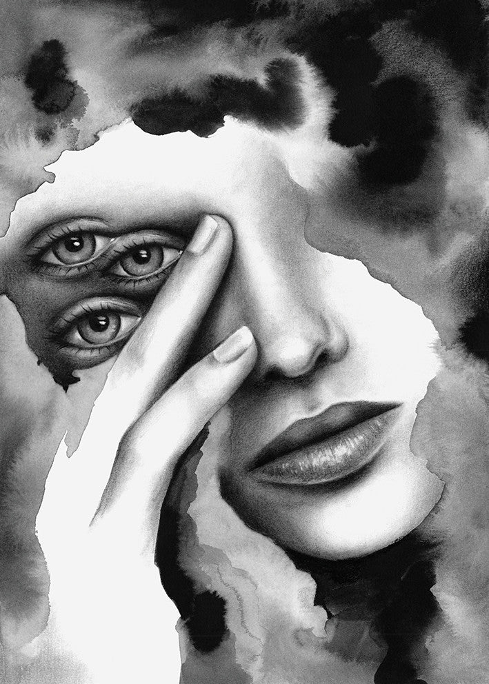 Surrealistic pencil drawing of the female body by Rakel Tomas 