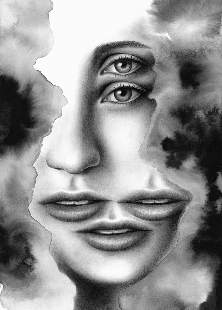 Surrealistic pencil drawing of the female body by Rakel Tomas 